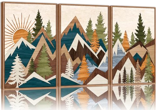 Tinonedraw Large Mountain Framed Canvas Wall Art, Boho Rustic Sunrise Forest Wall Decor, Vintage Woodsy Nature Art Painting, Modern Wilderness Trees Art Print for Living Room Bedroom Office 24"x36"x3 - color: Sunrise Mountain, size: 36"L x 24"W