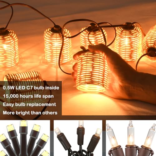 Natural Rattan String Lights, 10 Rustic Raffia Cage, 13 Ft Plug in & Connectable Wicker Lights,White Rattan - color: White Rattan