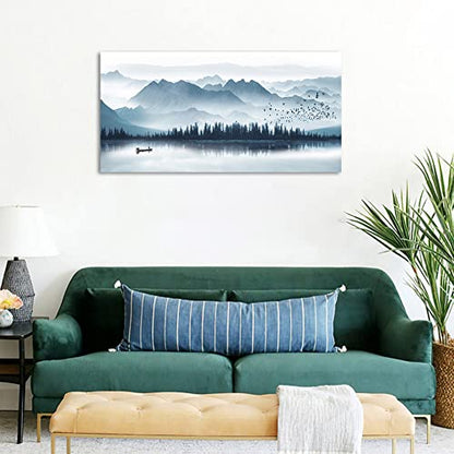 Misty Mountain Canvas Wall Art Indigo Foggy Lake Boat Prints, 20"x40" - color: Indigo Mountain Lake, size: 40"L x 20"W