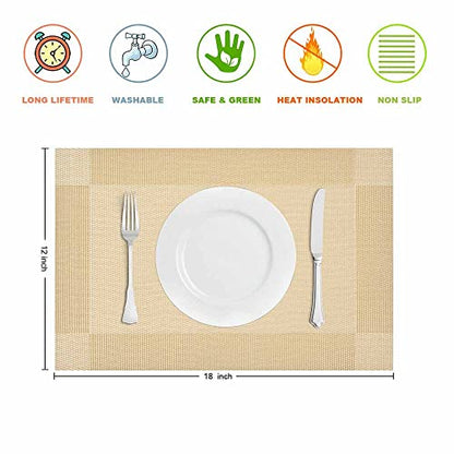 GIVERARE Placemats Set of 4, Heat-Resistant Woven Vinyl Placemat, Non-Slip Washable PVC Table Mat, Easy to Clean Premium Plastic Mats for Dining, Kitchen Table (Golden) - color: Golden