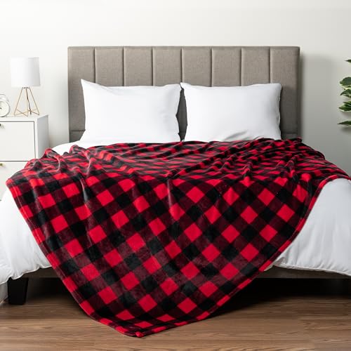 PAVILIA Black and Red Buffalo Plaid Fleece Bed Blanket King Size, Soft Checkered Flannel Blanket for Sofa, Plaid Christmas Couch Throw Bed, Warm Cozy Decorative Blanket Fall Decor Gift, 90x108 - color: Plaid Red/Black, size: 90 x 108 Inches - King