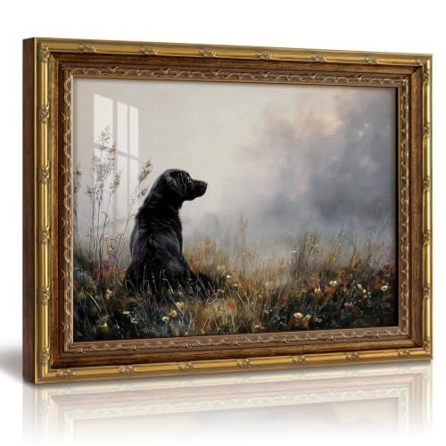 InSimSea Gold Framed Dog Wall Art, Vintage Black Labrador Landscape Picture | 13x16 Inch Antique Pet Artwork with Glass, Country Farmhouse Wildflower Wall Decor for Living Room Bedroom Office - color: Dog Landscape, size: 16"L x 13"W