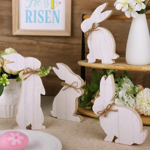 Easter Decorations: 4 pcs Rustic Wooden Easter Bunny Table Signs, Farmhouse Freestanding Tiered Tray Decor for Home Gifts, White