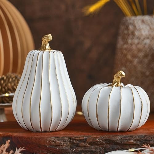 FESTGLOX Pumpkin Fall Decor, White Gold Pumpkin for Thanksgiving Decoration - color: White and Gold Lines-2pcs