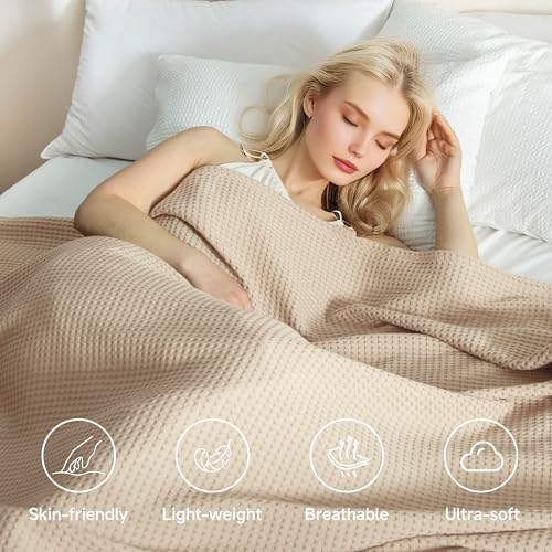Simple&Opulence 100% Cotton Waffle Weave Throw Blanket 40"x50", Khaki - color: Khaki, size: Small(40"x50")