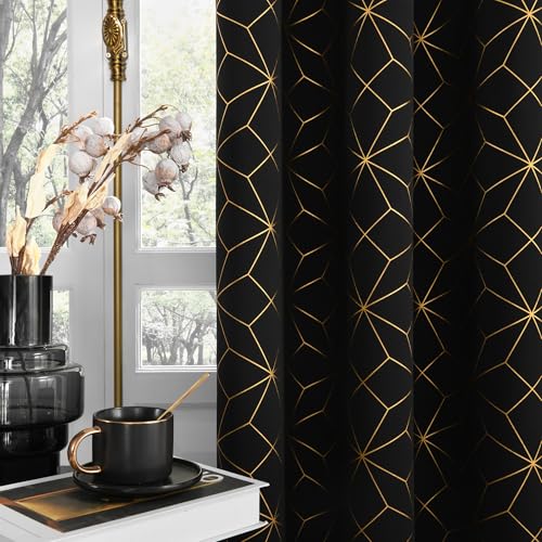 Beauoop Black Gold 100% Blackout Curtains for Bedroom 50x63 2 Panels - color: Black/Gold, size: 50"W x 63"L (Pack of 2)