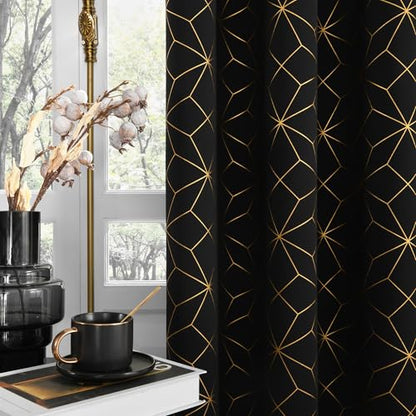 Beauoop Black Gold 100% Blackout Curtains for Bedroom 50x108 2 Panels - color: Black/Gold, size: 50"W x 108"L (Pack of 2)