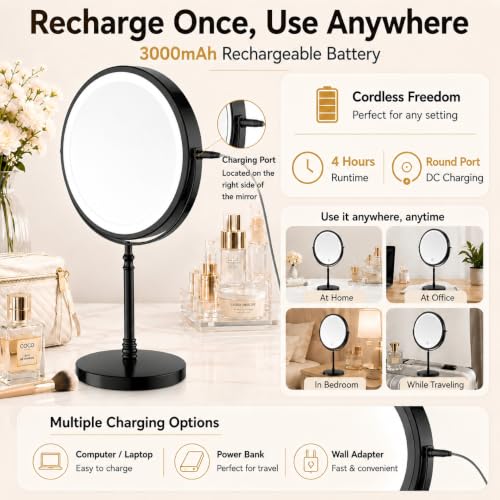 DEIOVWXS Makeup Mirror, Rechargeable Vanity Mirror with 3 Lights, 1X/10X - color: Black