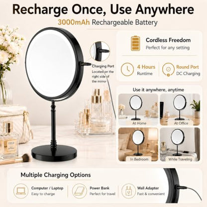 DEIOVWXS Makeup Mirror, Rechargeable Vanity Mirror with 3 Lights, 1X/10X - color: Black