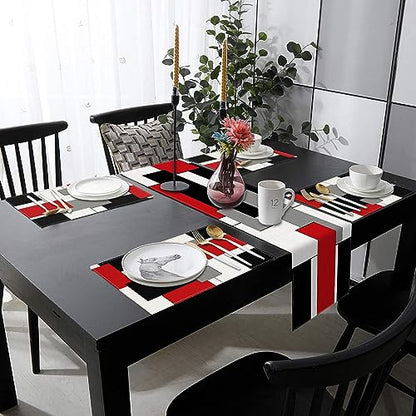 ArtSocket Table Runner and Placemats Set of 6, Geometric Abstract - color: Geometric Red