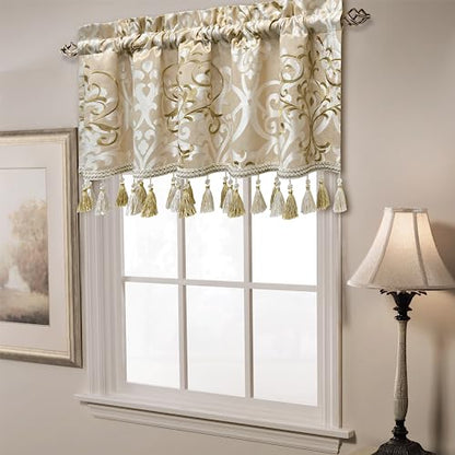Loom and Mill Luxury Embroidered Damask Valances for Windows, Sand, 54"x18" - color: Edinburgh-sand