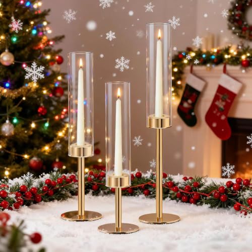 Rose Gold Taper Candle Holder Set, 3pcs Glass Hurricane Tall Candlestick Holders, Vintage Candelabra, Premium Gift Set for Home Decor Aesthetic, Birthday Parties, Weddings & Christmas Decorations - color: Glass Gold 3 Pieces
