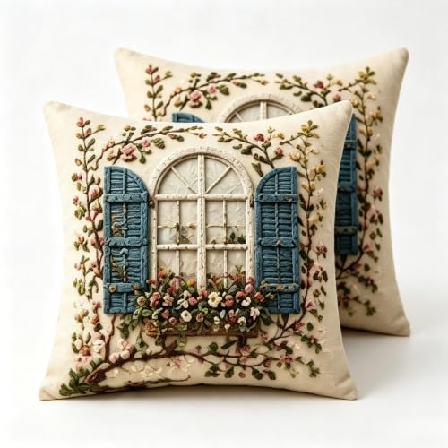 2D Flat French Arch Window Floral Linen Throw Pillow Covers 18x18 Set of 2 - color: A20025, size: 18" x 18" (Pack of 2)