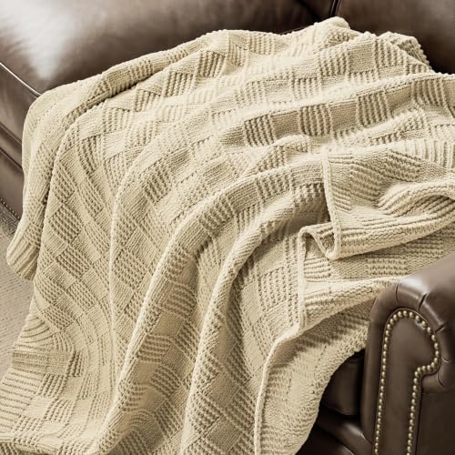EVERGRACEHOME Modern Checkered Chenille Throw Blanket, 60x80, Beige - color: Beige, size: 60" X 80"