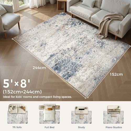 DMOYEST Area Rug Living Room Rugs 5x8 Washable Abstract Beige Blue Carpet - color: Beige Blue, size: 5' x 8' (Rectangular)