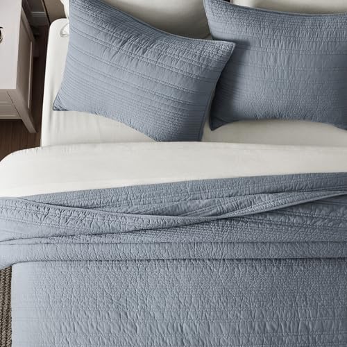 EVERGRACEHOME 100% Cotton Modern Lines Quilt Set King Size, Smoky Blue - color: Smoky Blue, size: King (108" X 92")