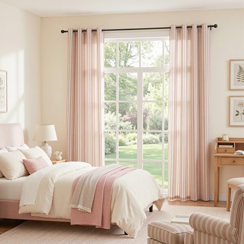 MYSKY HOME Red Striped Linen Curtains for Girls Bedroom 63 Inches 2 Panels - color: B-red, size: 52"W x 63"L (Pack of 2)