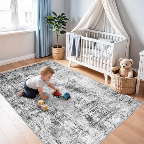 4x7 Rug for Wide Hallway: Modern Neutral Living Room Rug Black - color: Black, size: 4' x 7' (Runner)