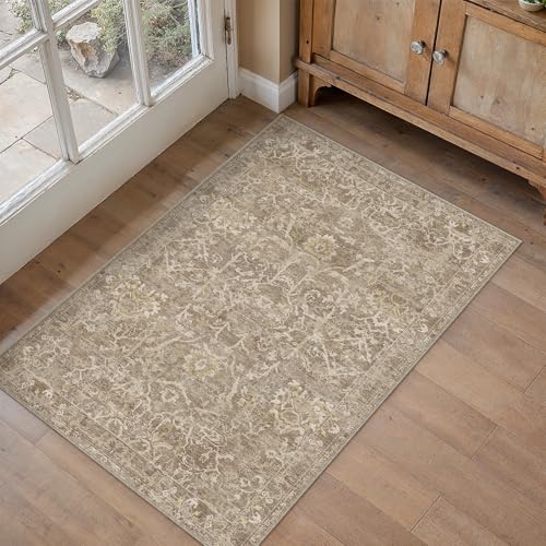 HUGEAR 2x3 Light Brown Vintage Floral Washable Area Rug for Entryway - color: Light Brown, size: 2' x 3' (Rectangular)