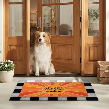 2-Piece Layered Welcome Mat Set - Coir Doormat & Buffalo Plaid Rug - color: Yellow Sunshine