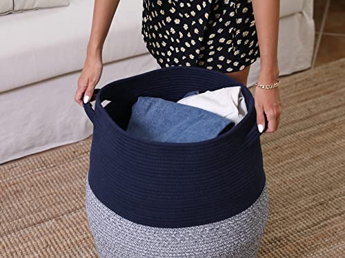 26"x20" Handcrafted Tall Cotton Rope Basket with Lid, Stylish Flagon Shape with Cover, Clothes Hamper with Top, for Bedroom and Living Room, Dark Blue Mix - color: Dark Blue Mix