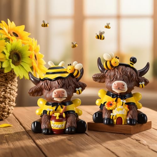 Karenhi 2 Pcs Highland Cow Figurines Resin, Bee Theme Honey Jar Decor - style: Bee
