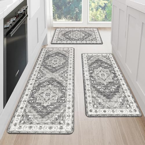 Cushioned Kitchen Rug Sets 3 Piece Anti Fatigue Kitchen Mats for Floor Non Slip Waterproof Kitchen Rugs and Mats Comfort Standing Mat Runner for Home Office,Sink,Laundry - color: Grey