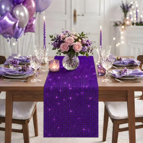 Disco Party Decorations - Purple Sequin Glitter Disco Table Runner - color: Purple Sequin Glitter