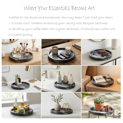 Round Grooved Marble Tray, 10-Inch Polished Natural Stone Serving Platter | Heavyweight 5lb Decorative Vanity Tray for Kitchen, Bathroom, Coffee Bar, Perfume Organizer & Charcuterie Board - color: Gray, size: 10"