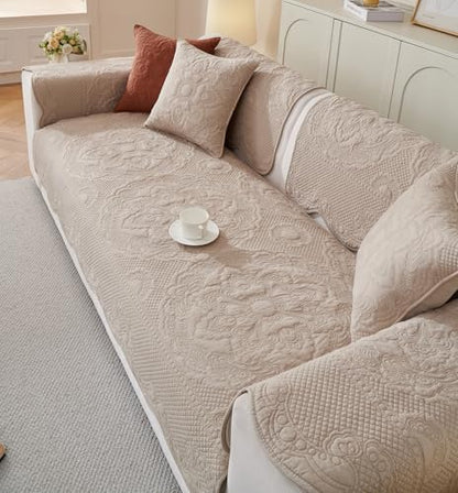 vctops Boho Cotton Quilted Couch Cover Soft Embroidered Sofa Cover Non-Slip Dog Bed Cover Scalloped Sofa Slipcover Washable Furniture Protector Cover (Khaki,28"x82") - color: Khaki, size: 1pc/28"x82"/Rectangular
