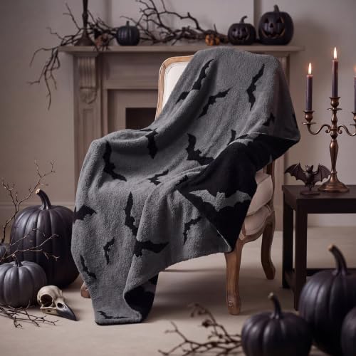 Halloween Bat Blanket Goth Reversible Knit Throw Blanket - color: Black and Gray, style: Halloween Bat