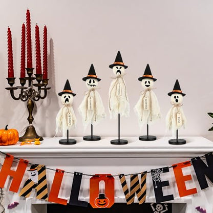 VioraWhite Set of 5 Halloween Primitive Ghost Indoor Decorations with Hat