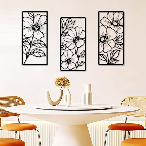 YIYA 3 Pcs Black Metal Flower Wall Art Minimalist Floral Line Art Sculpture 16.9" x 7.9" Rustic Iron Hanging Decor for Living Room Bedroom Bathroom - style: peony