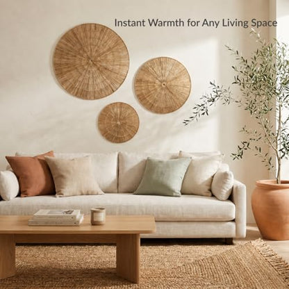 PEMAR Handwoven Jute Wall Hanging Baskets, Set of 3 Round Woven Wall Decor (22", 19", 15"), Decorative Wall Accents for Living Room, Bedroom and Entryway