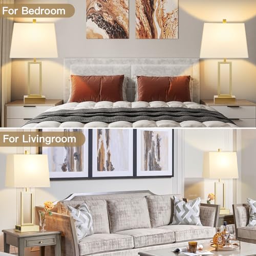 Lolikit 23.5" Touch Control Table Lamps, Metal Bedside Lamp for Bedroom Set of 2 with USB A+C Ports & AC Outlet, 3-Way Dimmable Nightstand Lamp for Living Room (LED Bulb Included) - color: Gold - 23.5"H