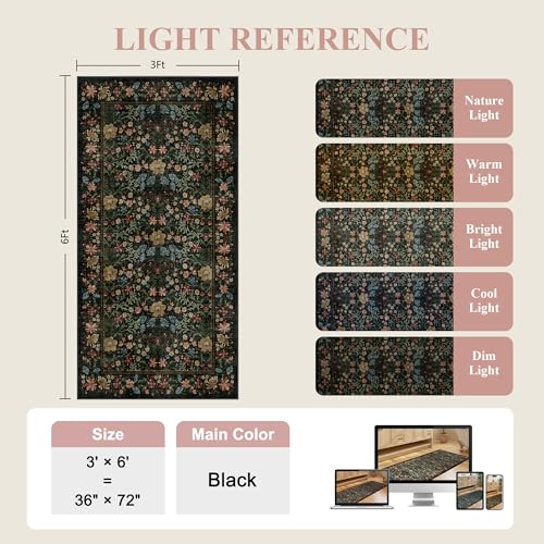 DUKINO 3x6 Kitchen Runner Rug, Washable Vintage Floral Area Rug, Black - color: Black, size: 3' x 6' (Rectangular)