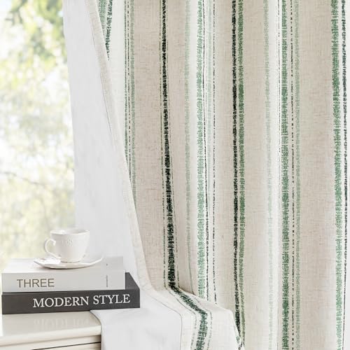 MYSKY HOME Green Striped Linen Curtains 100% Blackout 52Wx84L,2 Panels - color: Green/Blackout, size: 52"W x 84"L (Pack of 2)
