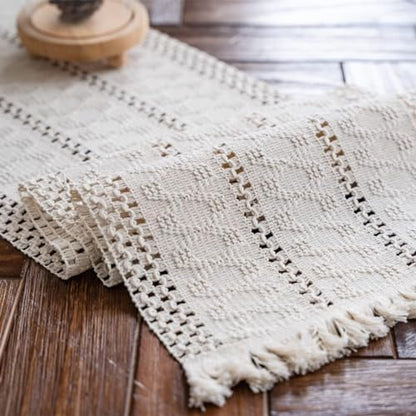 Macrame Table Runner Cream Beige Boho Table Runners with Tassels 12x36in - size: 12"Wx36"L
