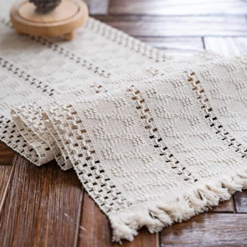 Macrame Table Runner Cream Beige Boho Table Runners with Tassels 12x60in - size: 12"Wx60"L