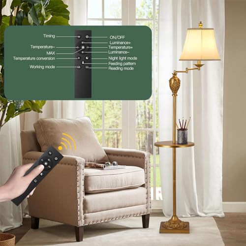 Traditional Floor Lamp with Tray, Remote Dimmable, 350° Swing Arm and Gold - color: Gold-1