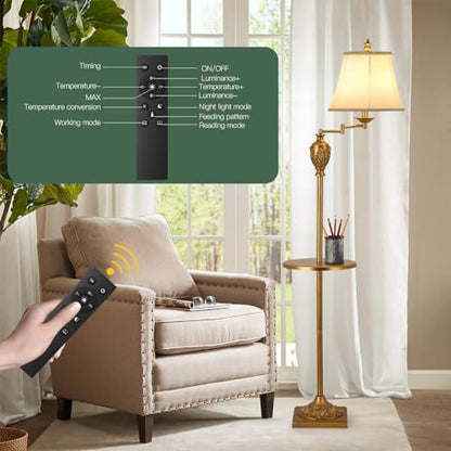 Traditional Floor Lamp with Tray, Remote Dimmable, 350° Swing Arm and Gold - color: Gold-1