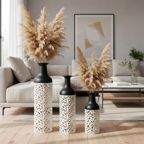 Large Tall Floor Vases: 27in Metal Floor Standing Vase, Black and White Vase with Hollowed for Living Room, Entryway, Office, Dining, Bedroom, Fireplace, Home Corner (Black and White (with Hollowed)