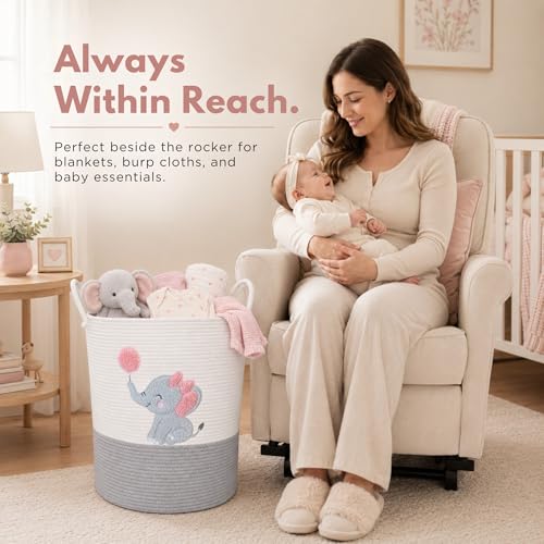 Elephant Baby Laundry Basket for Girl Nursery, Pink Rope Hamper, 20x15 in - color: Girl Elephant