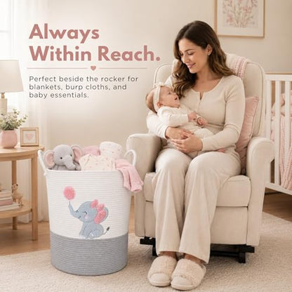 Elephant Baby Laundry Basket for Girl Nursery, Pink Rope Hamper, 20x15 in - color: Girl Elephant