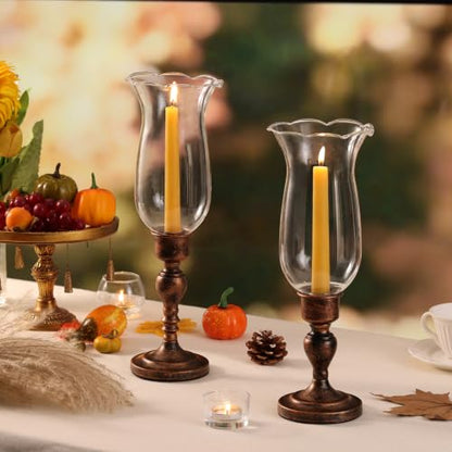 Volens Set of 2 Hurricane Glass Candle Holders with Iron Base & Glass Dome - color: Bronze