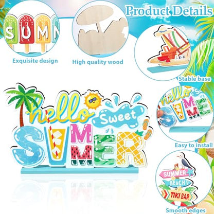 6 Pcs Hello Sweet Summer Wooden Table Decoration Sunshine Table Centerpiece - style: Summer