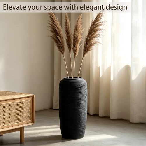 Black Rustic Ceramic Floor Vase, 15.7 Inch, Ribbed Texture - size: 15.7 Inch