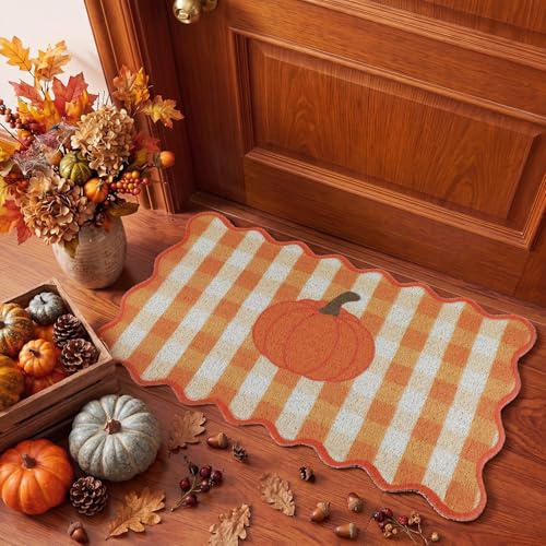 Fall Doormat Outdoor Pumpkin Orange White Gingham Welcome Scalloped Mat - style: Large Pumpkin