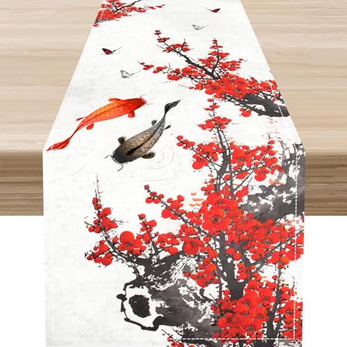 Cherry Blossom Table Runner, Retro Koi Fish Japanese Style Pink Floral Flower Spring Summer Table Center Decor for Family Kitchen Table Decorations Indoor Outdoor 13x36 inch - color: Cherry Blossom-1, size: 13x36" Table Runner