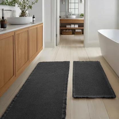 JIUZHEN Set of 2 Waffle Bath Mats Boho Bathroom Runner Rug 20"x32"+24"x60" - color: Black, size: 20"x32" + 24"x60"